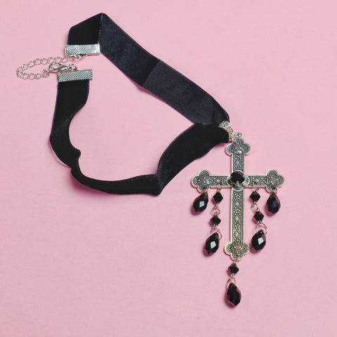 Gothic Cross Velvet Choker Necklace