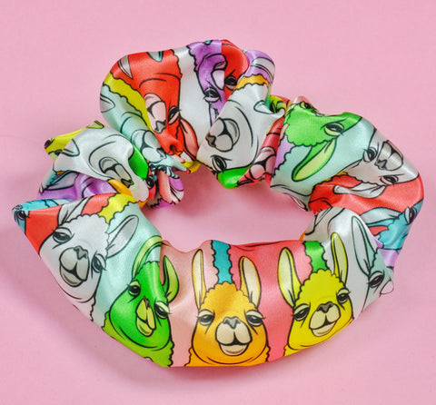 Rainbow Llamas Satin Scrunchie