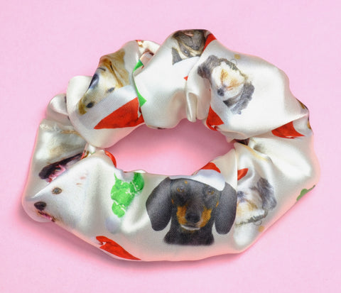 Christmas Santa Dogs Satin Scrunchie